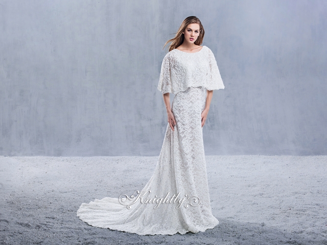 Lace Cape Beaded Sheath Bridal Gown