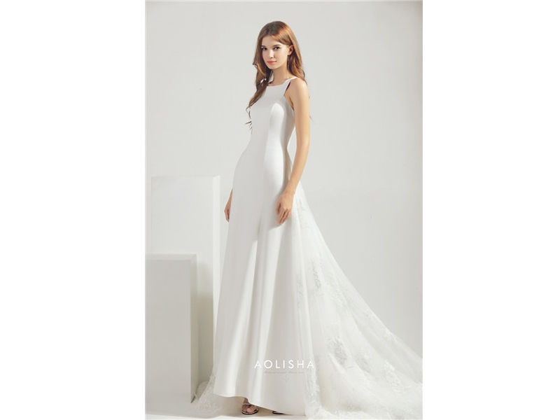 Sleeveless Square Collar Neckline A-Line with Special Back Wedding Dress Satin, Lace