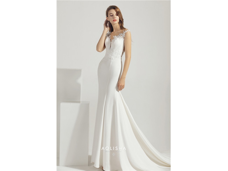 V-Neckine Cap Sleeve Lace Applique Mermaid Wedding Dress with Perspective Back Satin, Beads