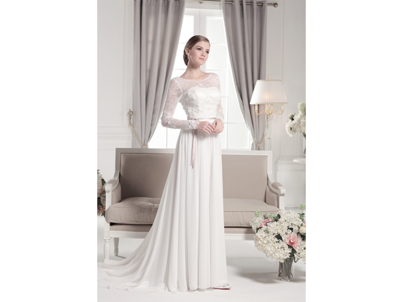 Long lace sleeves backless draped chiffon wedding dress Lace and chiffon