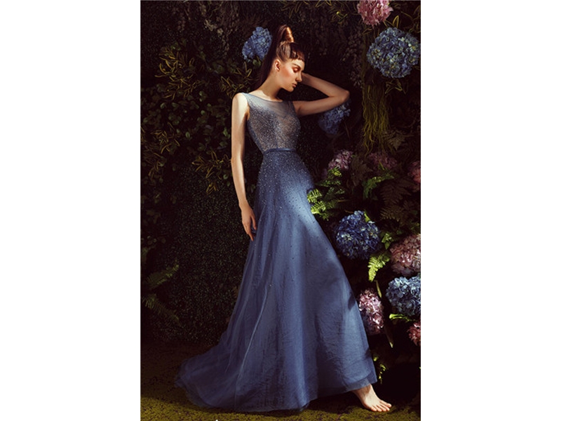 Sleeveless A-Line With Satin Belt Pearl Long Evening Dress  Beads, Tulle