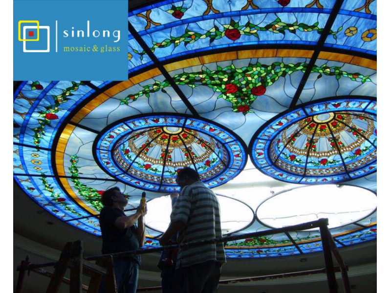 blue flower design stained glass ceiling skylight dome with tempered glass