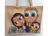 Family Bag- Large family portrait jute bag, painted hessian, can be personalised