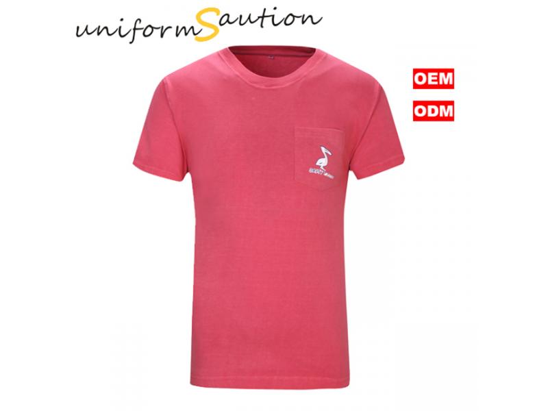 Red preshrink washed cotton pocket tshirt with custom printing and embroidery