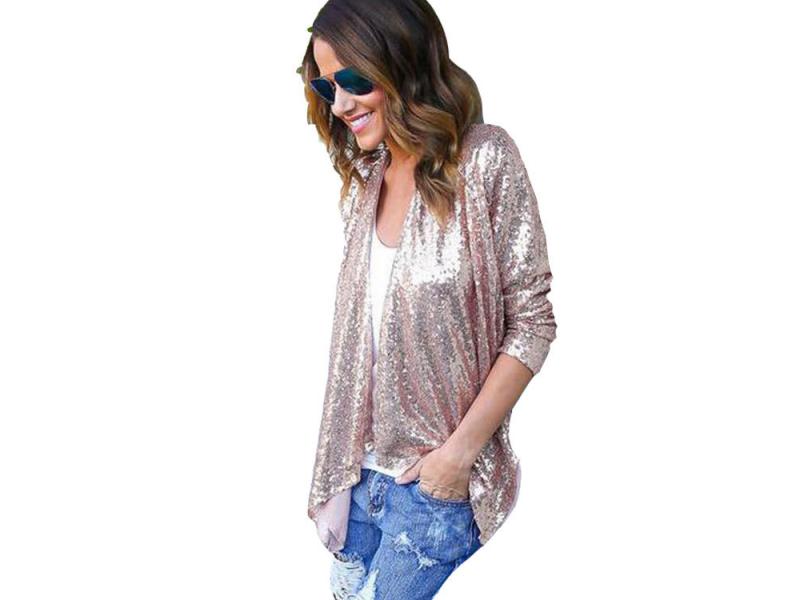 Stylish Fashion Women Ladies Cardigan Open Stitch Sequined Bling Long Sleeve Asymmetrical Loose Caus