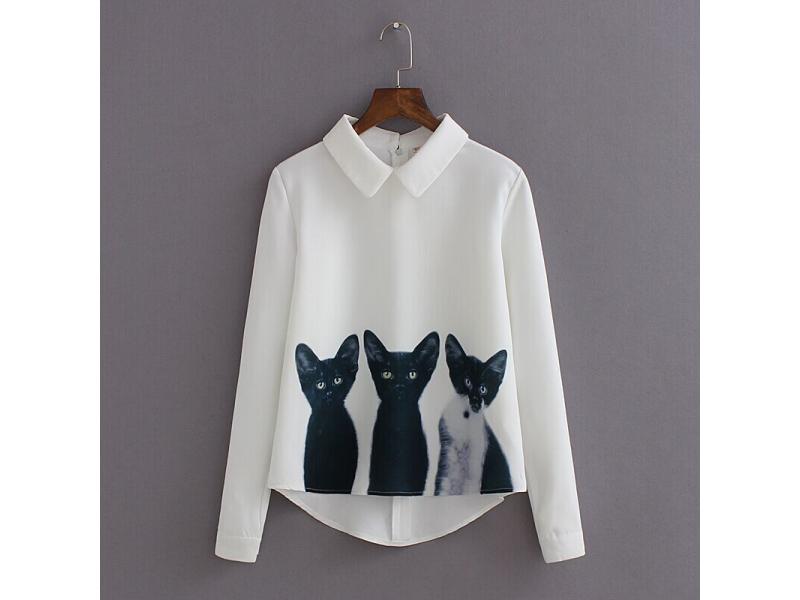 Fashion Cartoon Cat New Brand Women\'s Loose Chiffon Three Cats Tops Long Sleeve Casual Blouse Autum