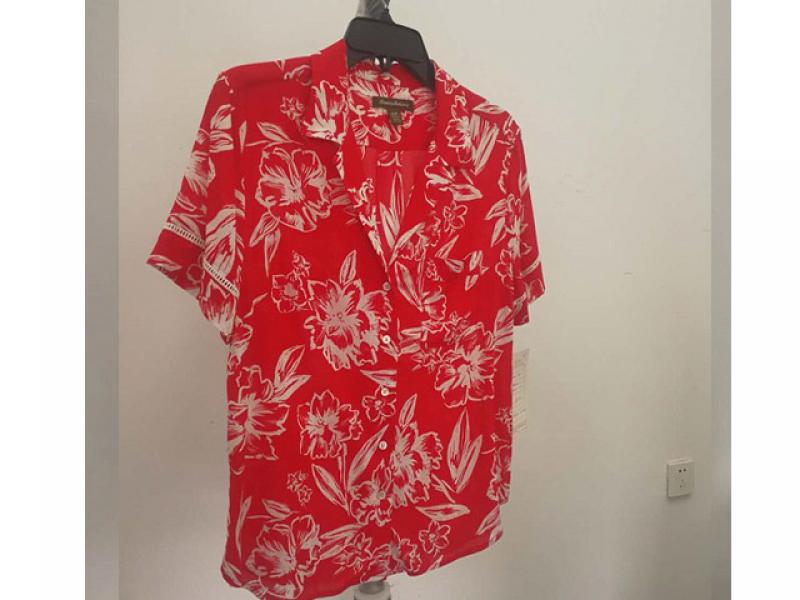 Red shirt with large floral design with 100% cotton knit farbic