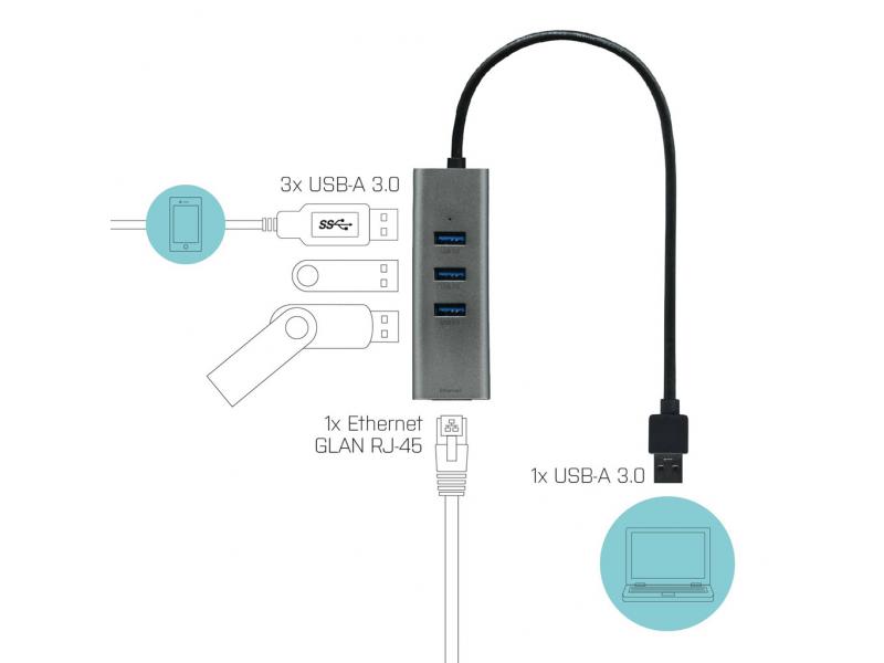 3 Port USB 3.0 Hub Aluminum Gigabit Ethernet RJ45 Adapter