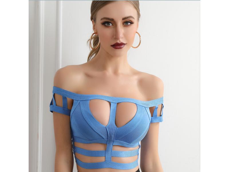 Sexy Blue One-shouldered Hollow Out Bandage Top