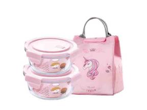 Round Glass Lunch Box Food Storage Container Set with Thermal Bag