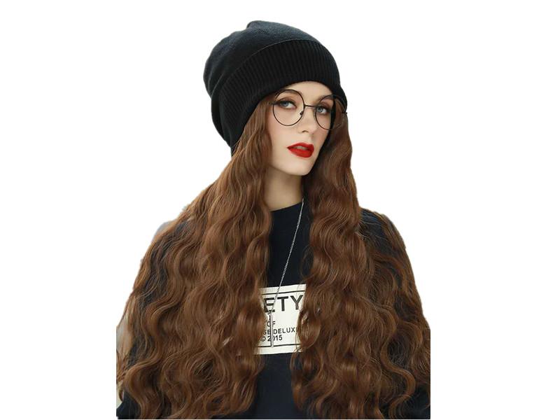Fashion Women Winter Knit Beanie Cap Wig Blonde Long Synthetic Hair Wig Hat