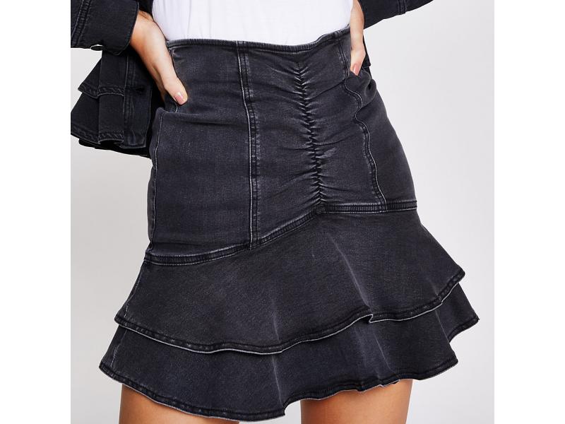 Black Denim Frill Hem Mini Skirt