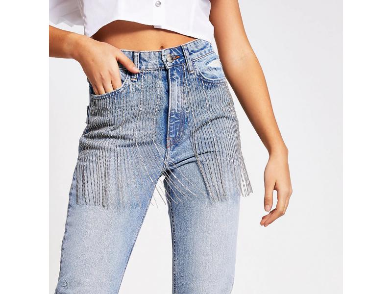 Blue Embellished Carrie High Rise Mom Jeans