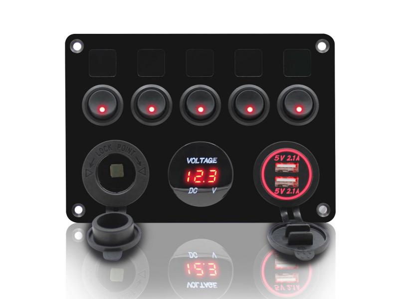 5 Gang Rocker Switch Panel Waterproof Marine Boat 12V Toggle Switches ON-OFF with Digital Voltmeter